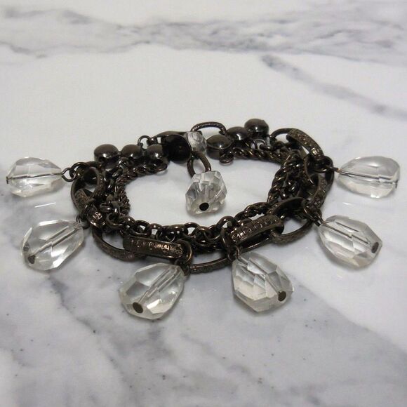 Dark Metal Layered Bracelet | 3 Chains with Teardrop Glass Crystals | 6.5" - Picture 5 of 6